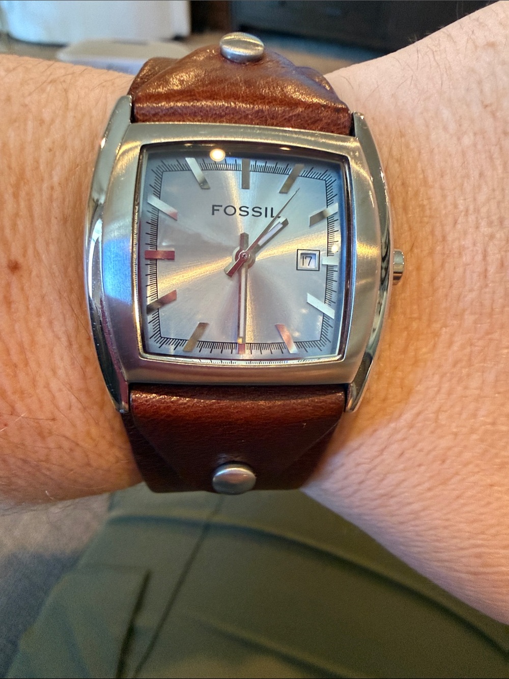 Fossil Silver and Light Blue Dial Watch with Brown Leather Strap